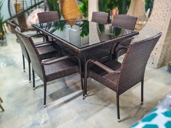 MODERN RATTAN DINING SET WITH GLASS TOP