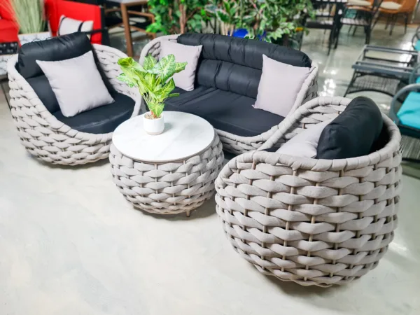 MODERN WICKER OUTDOOR LOUNGE SET WITH MARBLE COFFEE TABLE