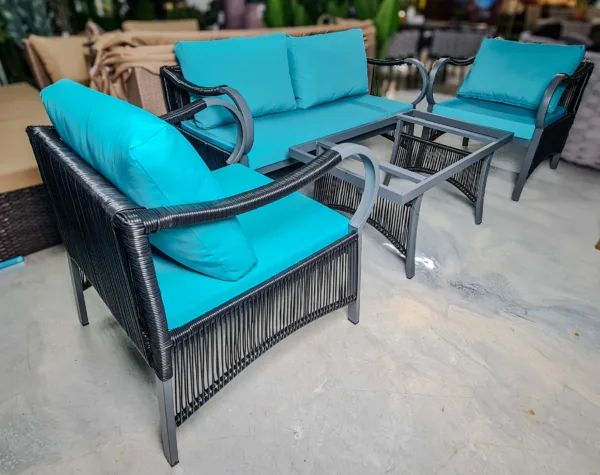 OUTDOOR PATIO SET WITH TURQUOISE CUSHIONS