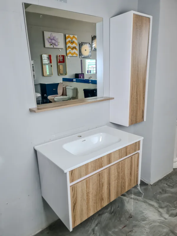 MODERN BATHROOM VANITY WITH WOODEN CABINETS AND SHELVES