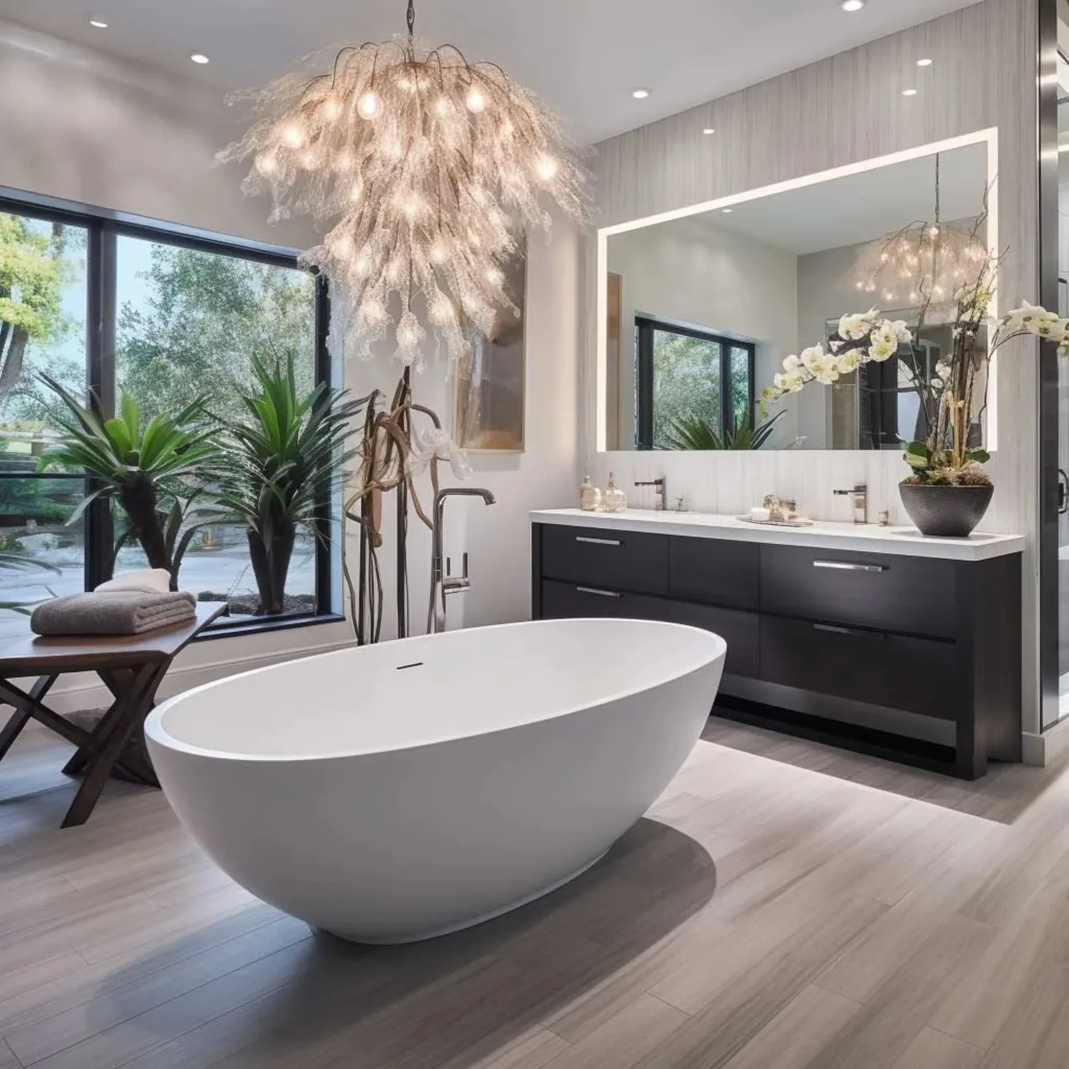 a bathroom with a tub and a mirror