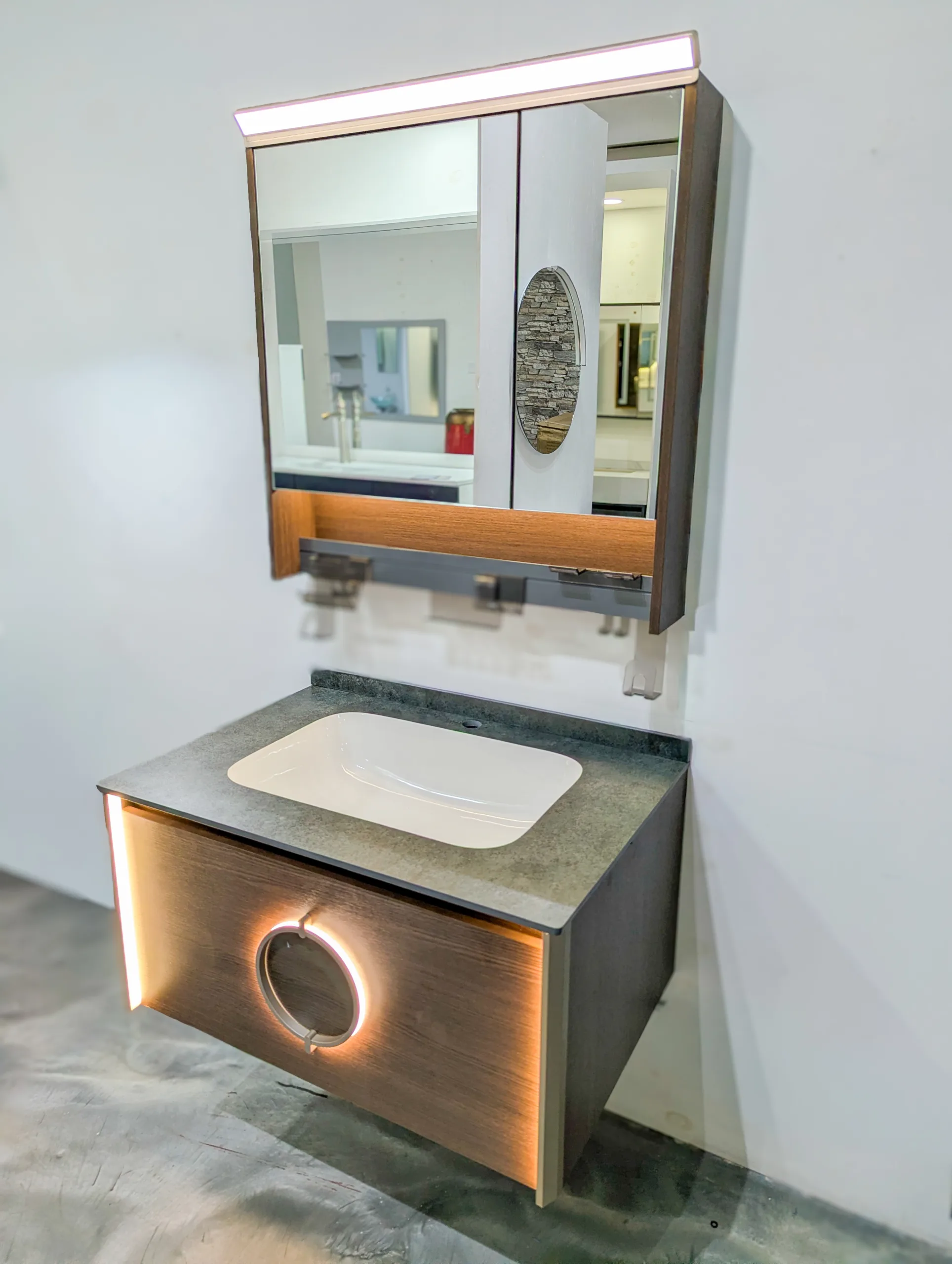 LED Floating Bathroom Vanity Set – Wall-Mounted Vanity with Mirror Cabinet, Integrated Sink, Storage Shelves & Contemporary Wood Finish