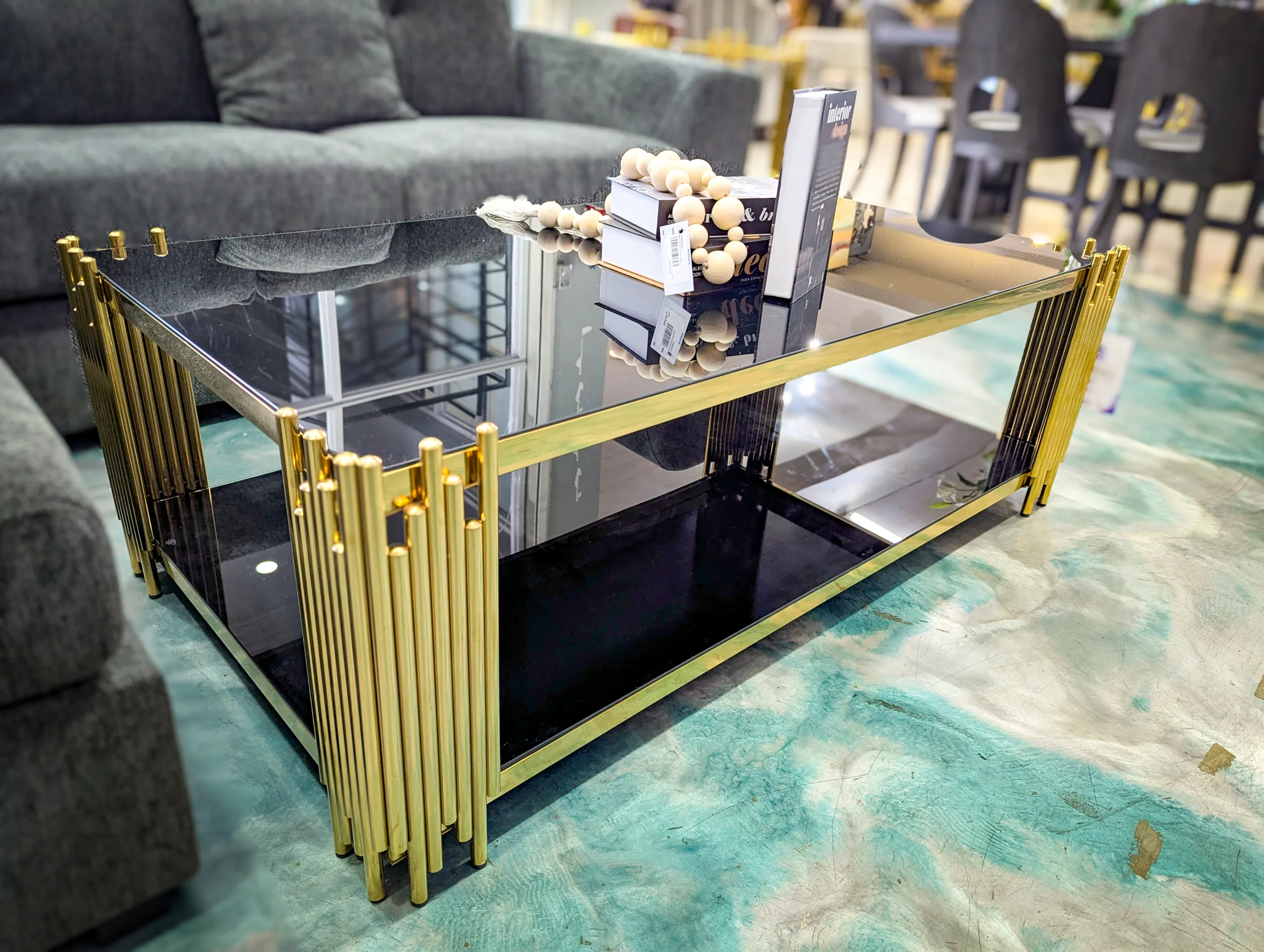 Luxury Black Glass Coffee Table – Rectangular 2-Tier Center Table with Gold Metal Rod Frame