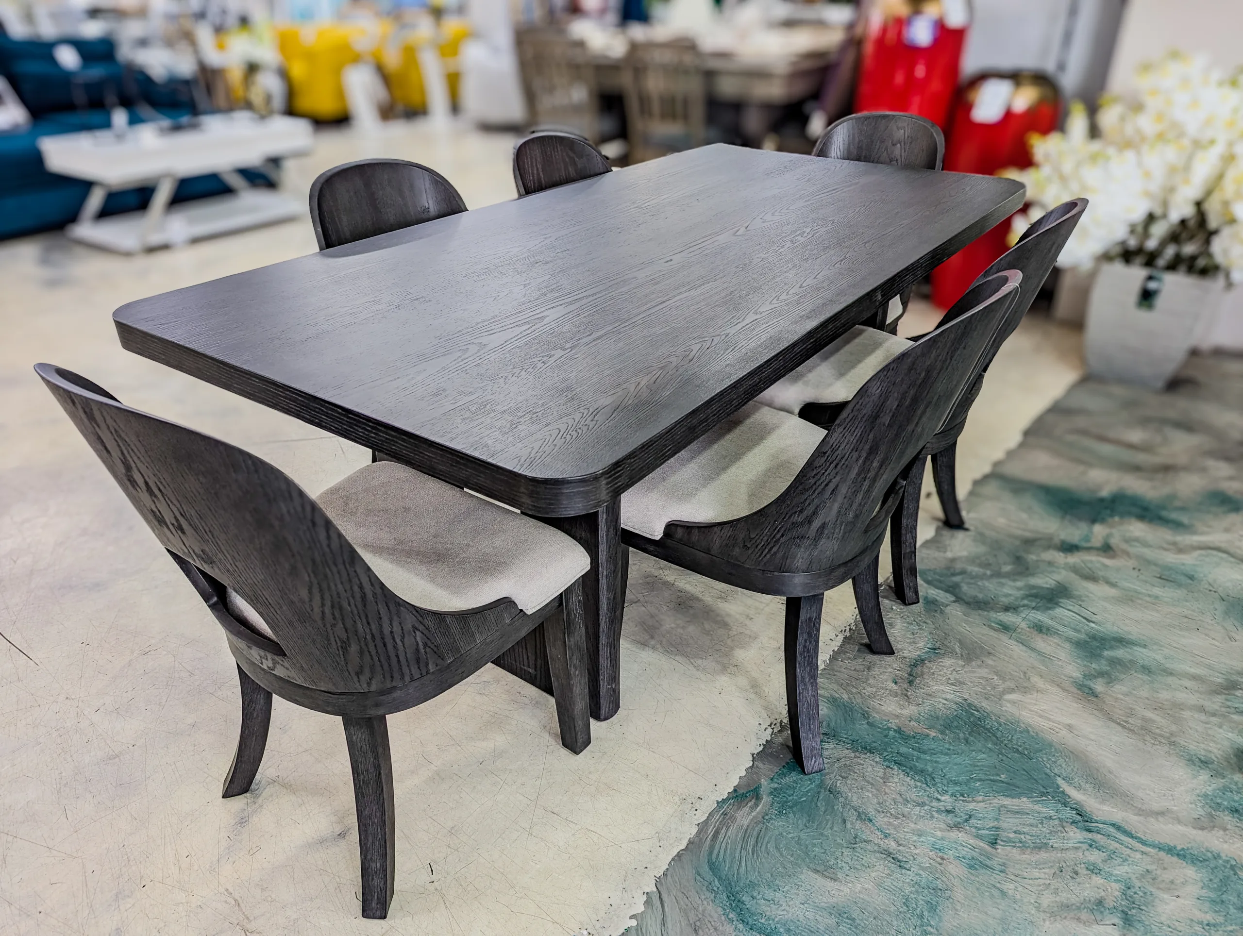 7-Piece Dark Wood Dining Set – Rectangular Dining Table with 6 Upholstered Chairs