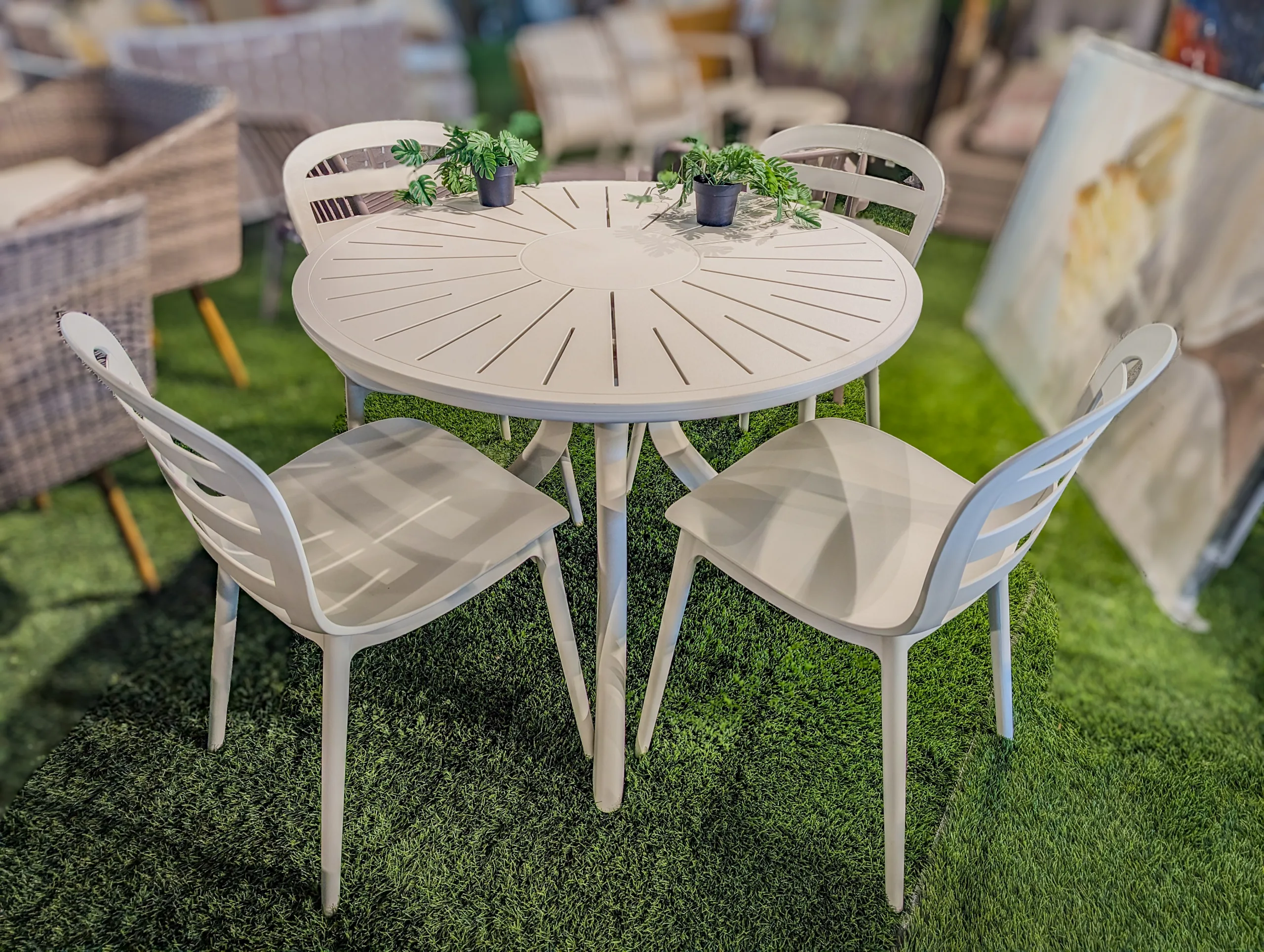 5-Piece Outdoor Patio Dining Set – Round Slat Table with 4 Matching Chairs in Light Beige