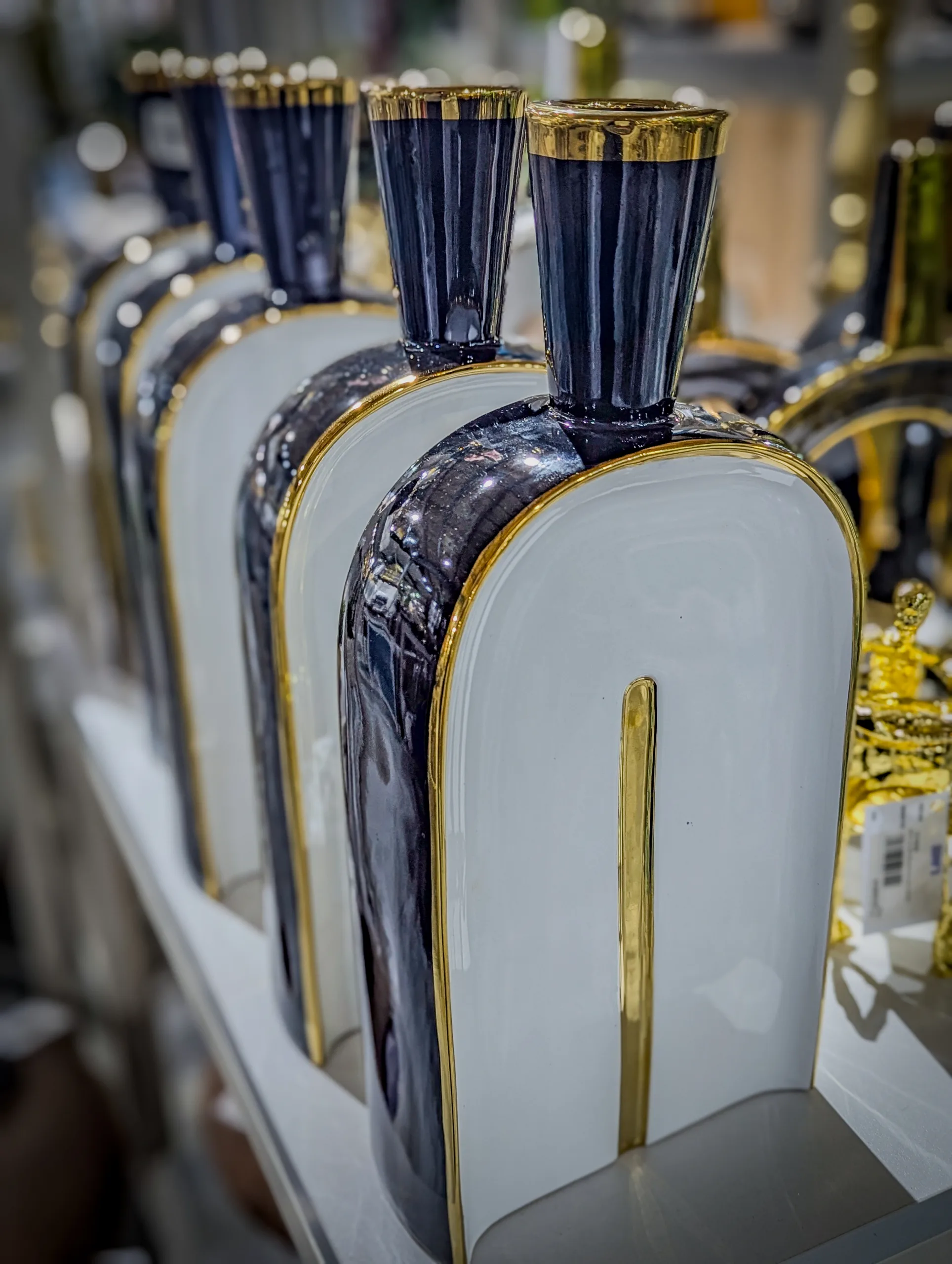 Decorative Ceramic Bottle Vase – Black, White & Gold Sculptural Tabletop Accent