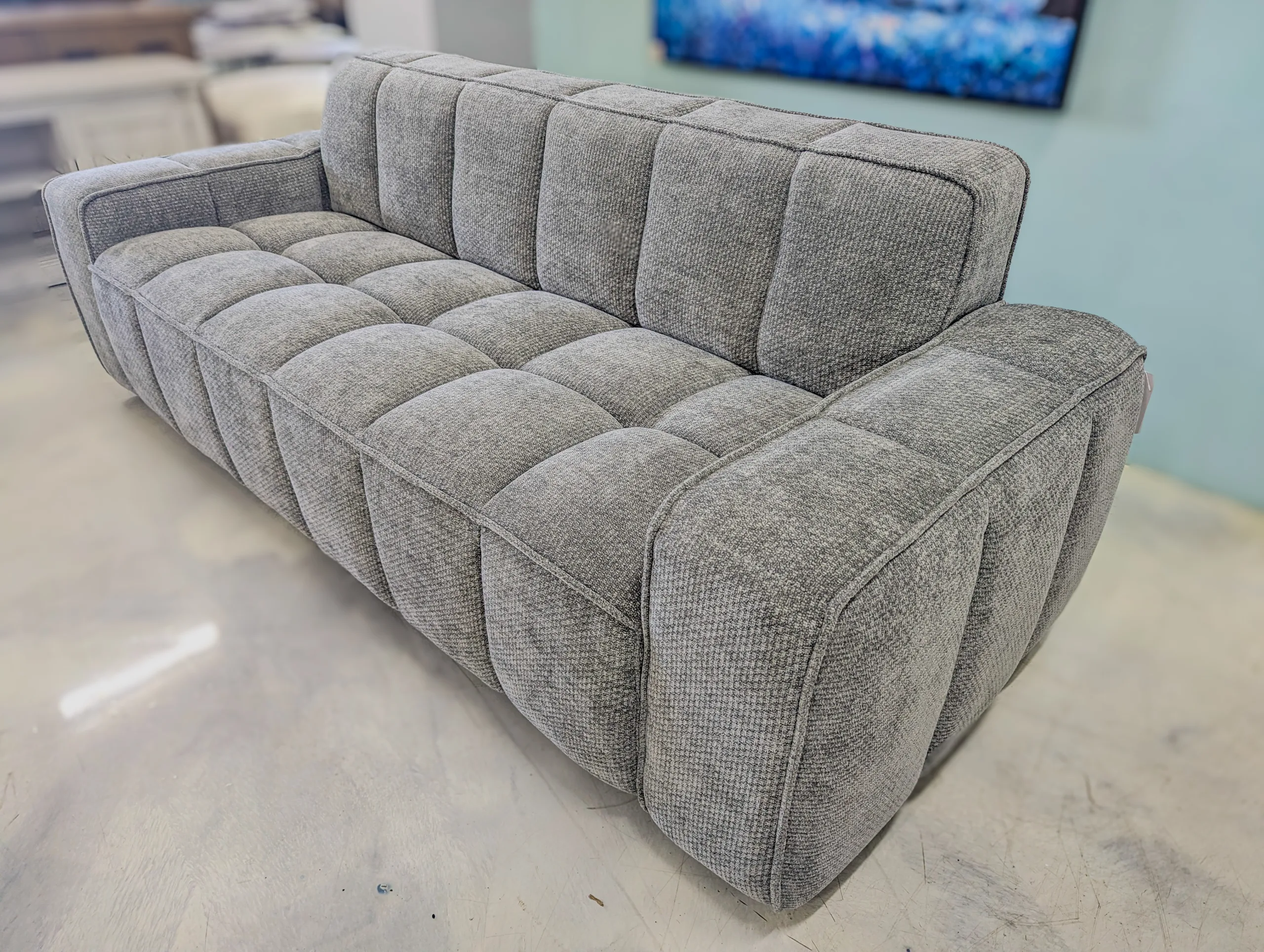 Gray Tufted Sofa – Contemporary Box Channel Upholstered Couch with Wide Track Arms