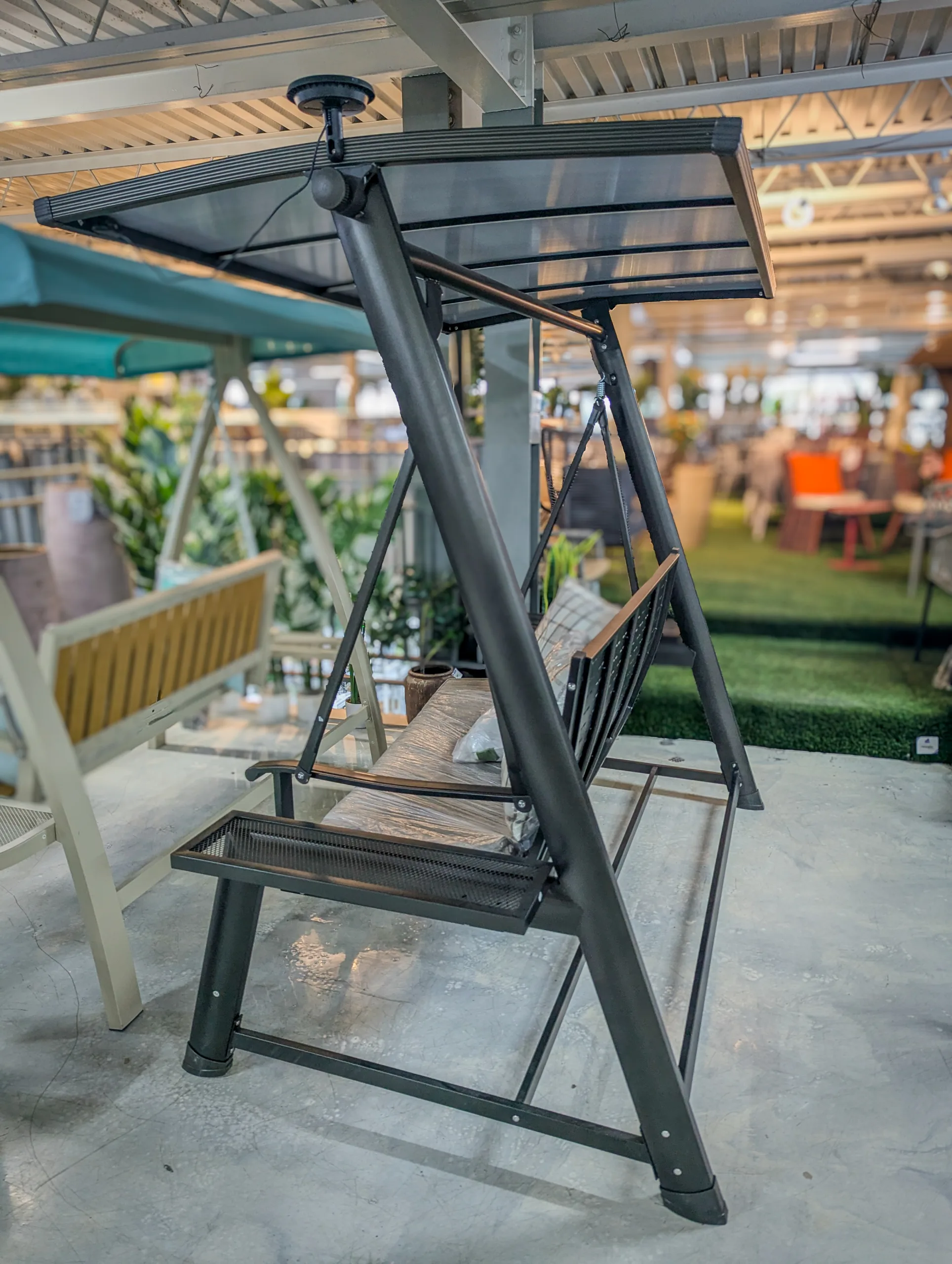 Outdoor Patio Swing with Canopy – 3-Seat Metal Porch Swing Bench with Cushions & Side Trays - Image 3