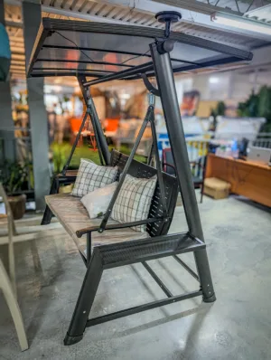 Outdoor Patio Swing with Canopy – 3-Seat Metal Porch Swing Bench with Cushions & Side Trays