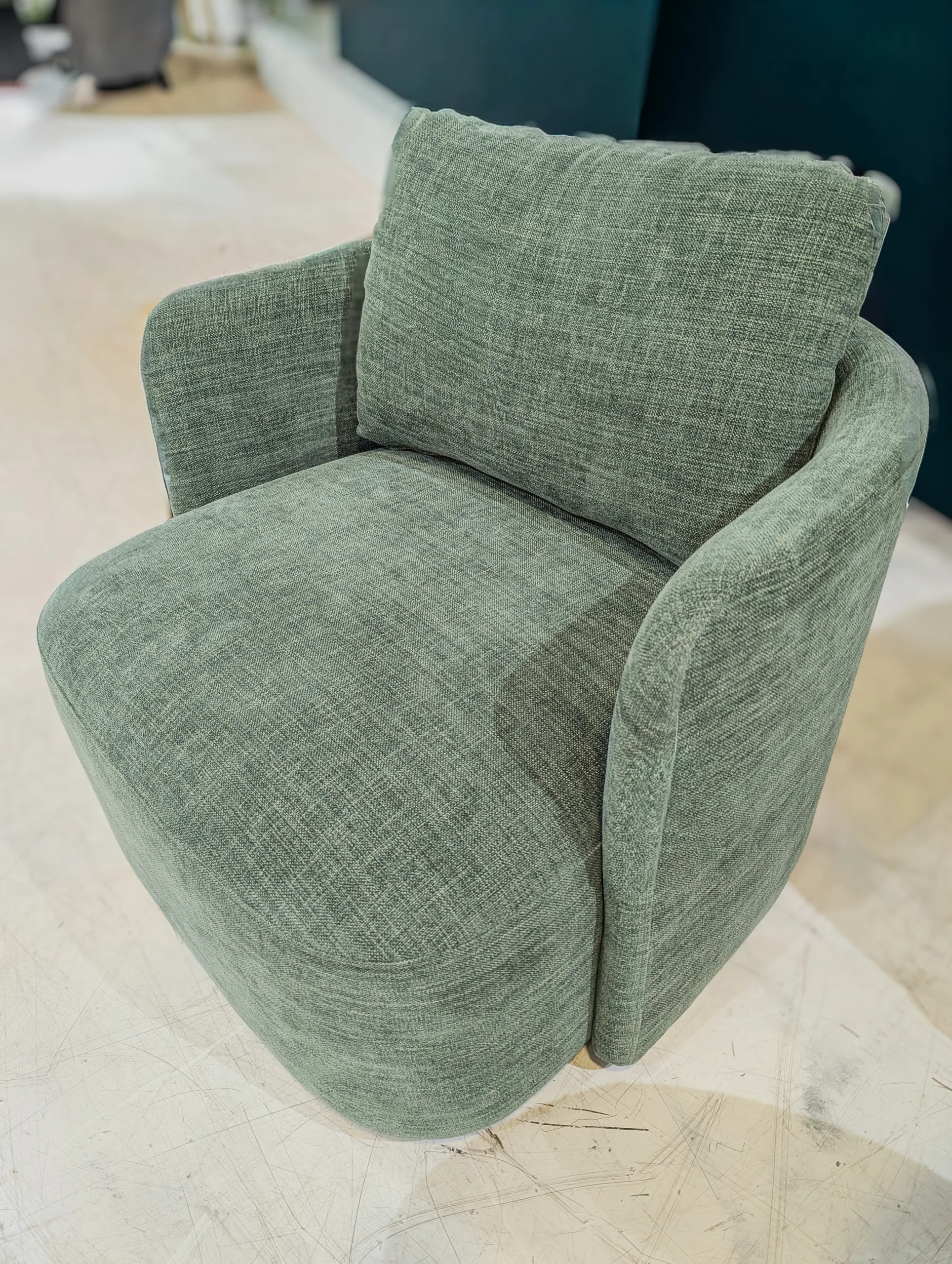 Modern Sage Green Barrel Swivel Accent Chair – Curved Upholstered Armchair with Loose Back Cushion