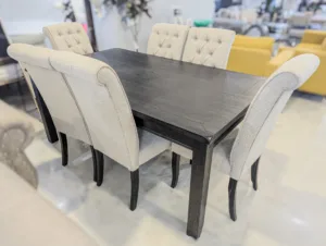 Modern 7-Piece Dining Set – Dark Wood Rectangular Table with 6 Tufted Upholstered Chairs