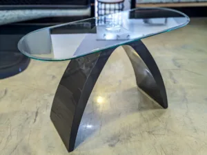 Oval Glass Coffee Table – Contemporary Clear Glass Table with Sculptural Curved Dark Base
