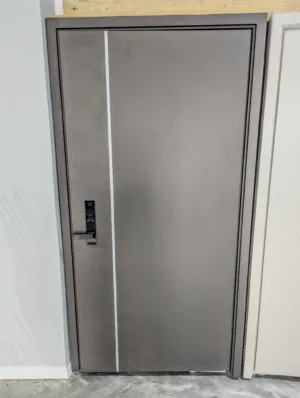 Gray Smart Security Entry Door – Digital Keypad Lock with Camera, Fingerprint-Style Sensor & Multi-Point Locking System
