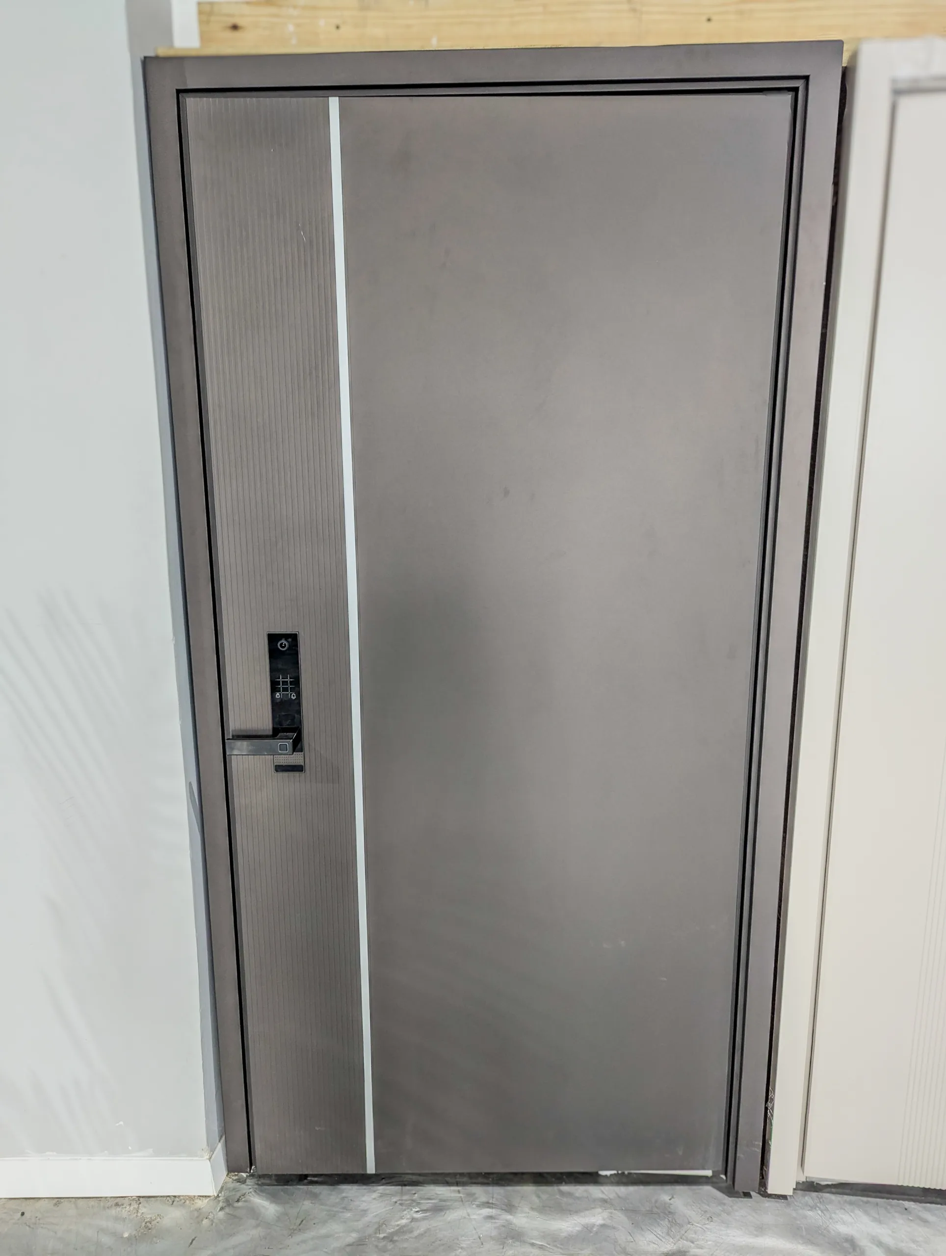 Gray Smart Security Entry Door – Digital Keypad Lock with Camera, Fingerprint-Style Sensor & Multi-Point Locking System