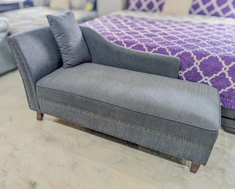 Modern Gray Upholstered Chaise Lounge – Nailhead Trim Bedroom & Living Room Accent Chair