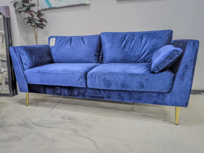 Modern Blue Upholstered Sofa with Gold-Tone Legs – Contemporary Living Room Couch