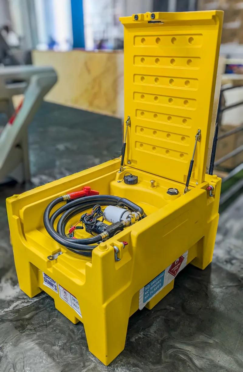 220L portable diesel fuel transfer tank with 12V pump hose and nozzle open