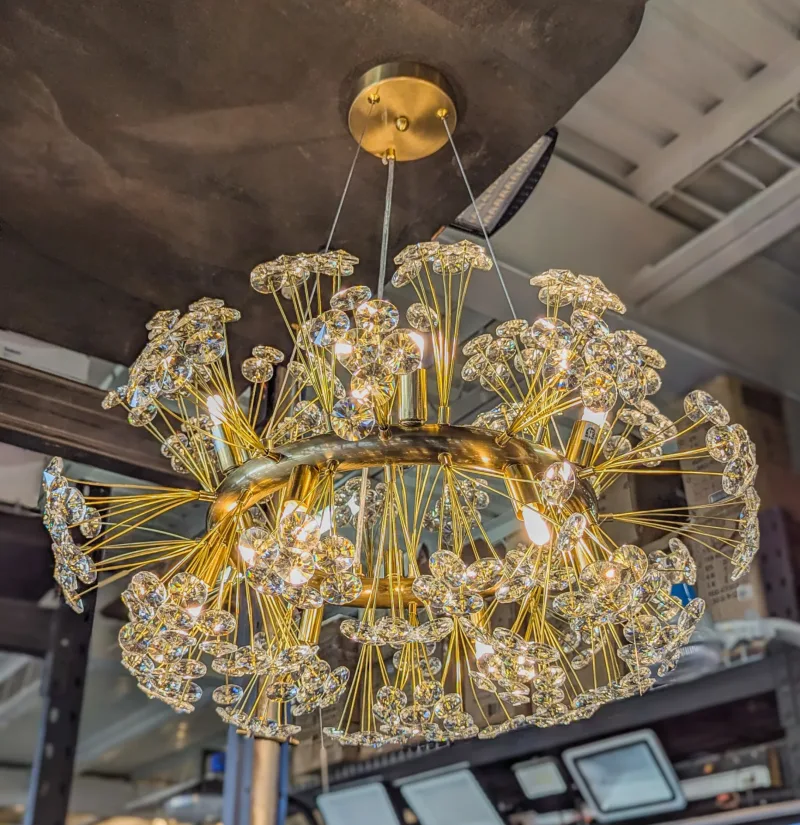 12-Light Gold Crystal Dandelion Firework Chandelier – Modern Round Statement Pendant Light