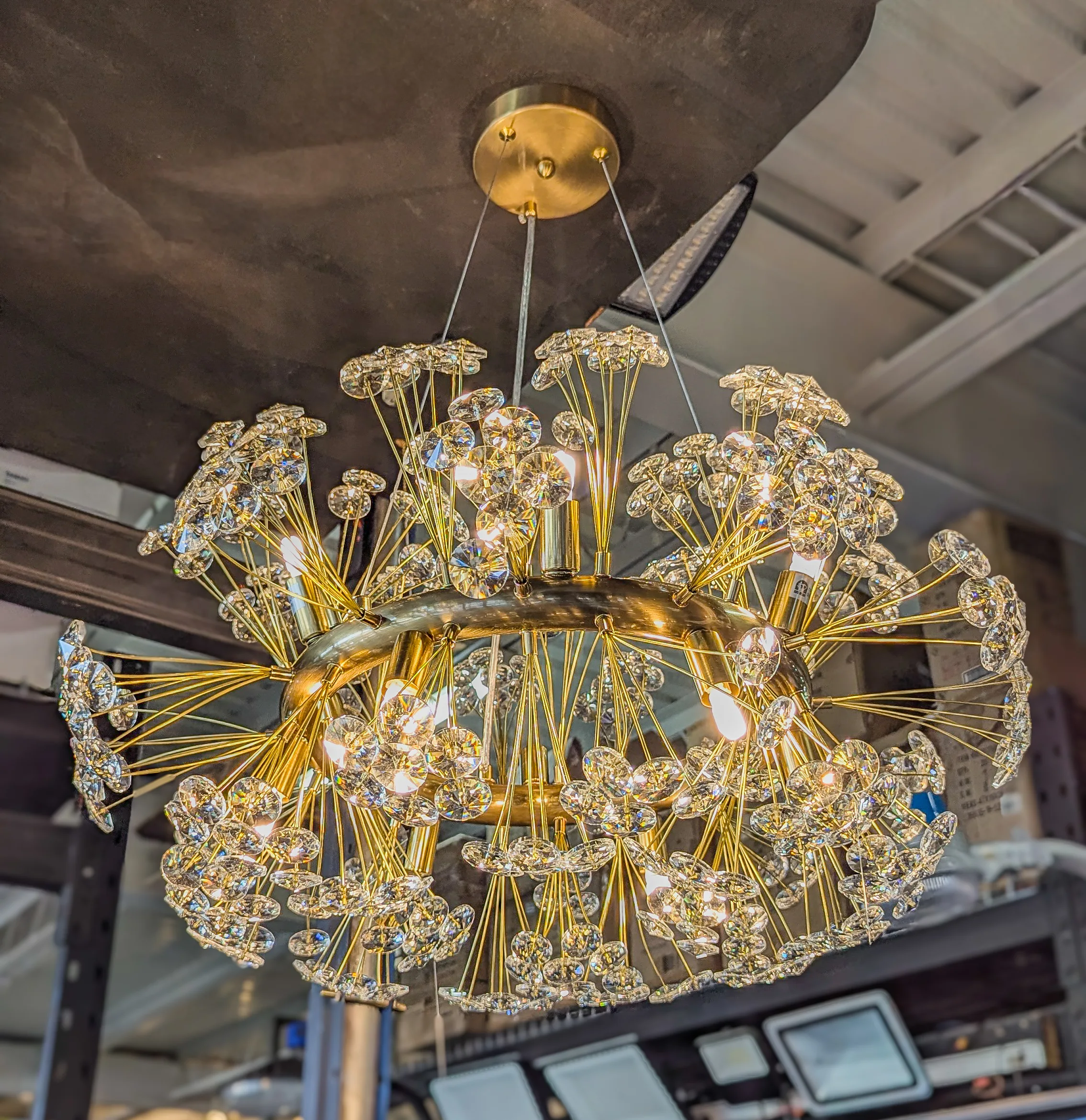 12-Light Gold Crystal Dandelion Firework Chandelier – Modern Round Statement Pendant Light