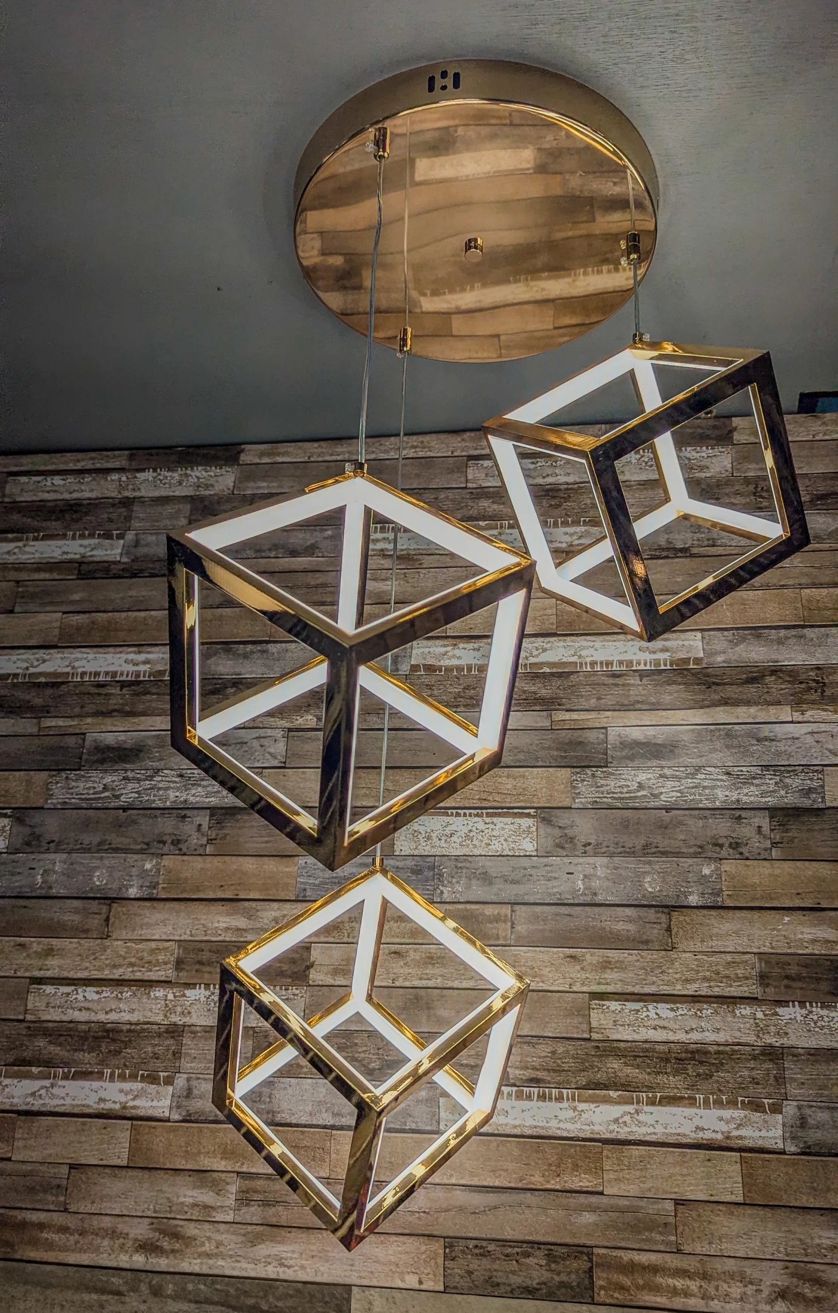 3-Light Gold Geometric Cube LED Chandelier – Modern Adjustable Cluster Pendant Light