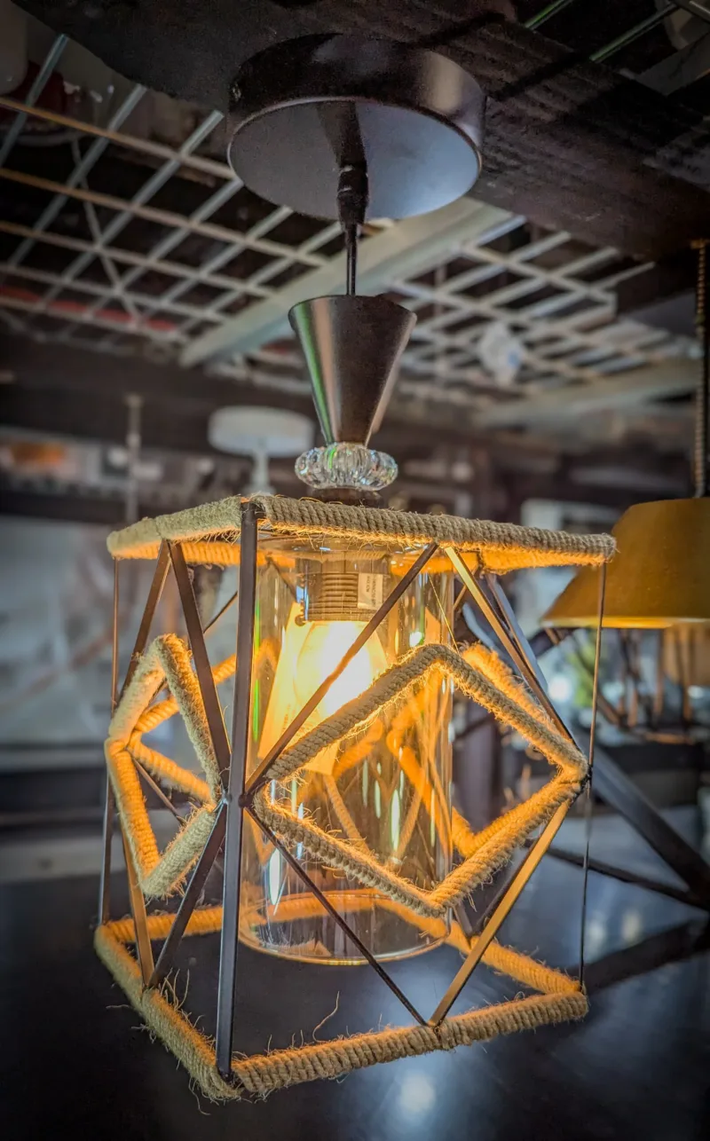 Industrial Geometric Rope Cage Pendant Light – Clear Glass 1-Light Hanging Ceiling Fixture