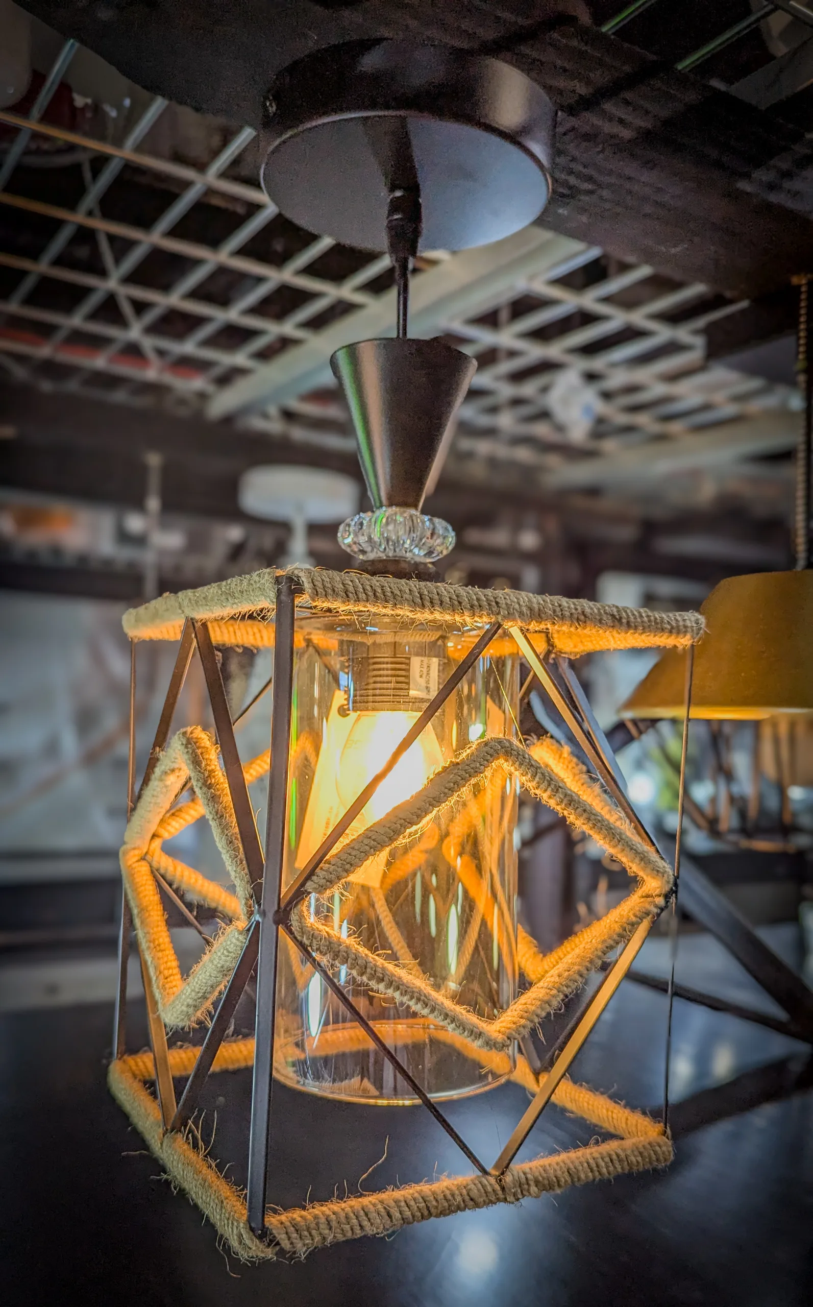 Industrial Geometric Rope Cage Pendant Light – Clear Glass 1-Light Hanging Ceiling Fixture