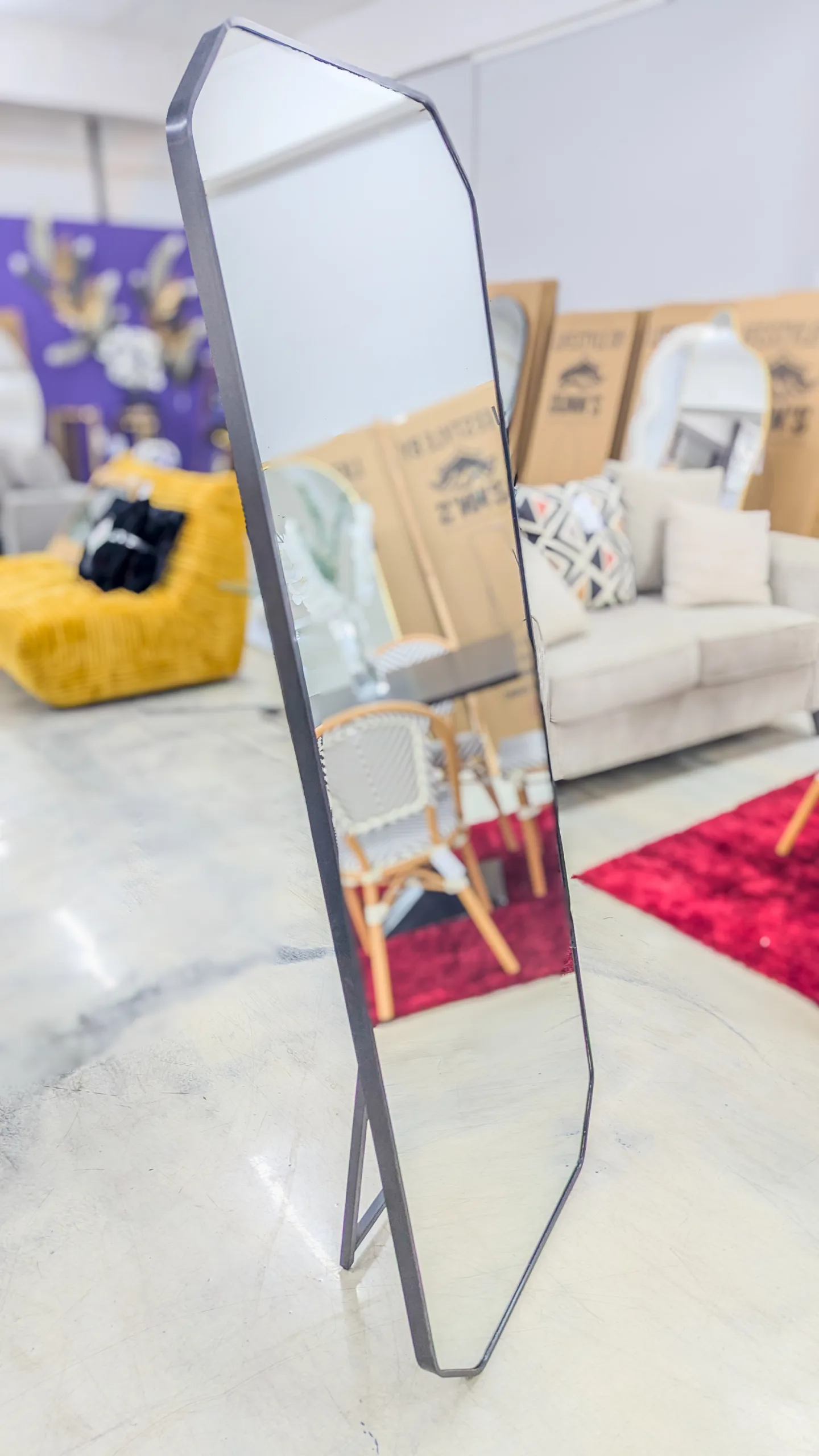 Black Geometric Full Length Floor Mirror with Stand – Modern Angled-Corner Dressing